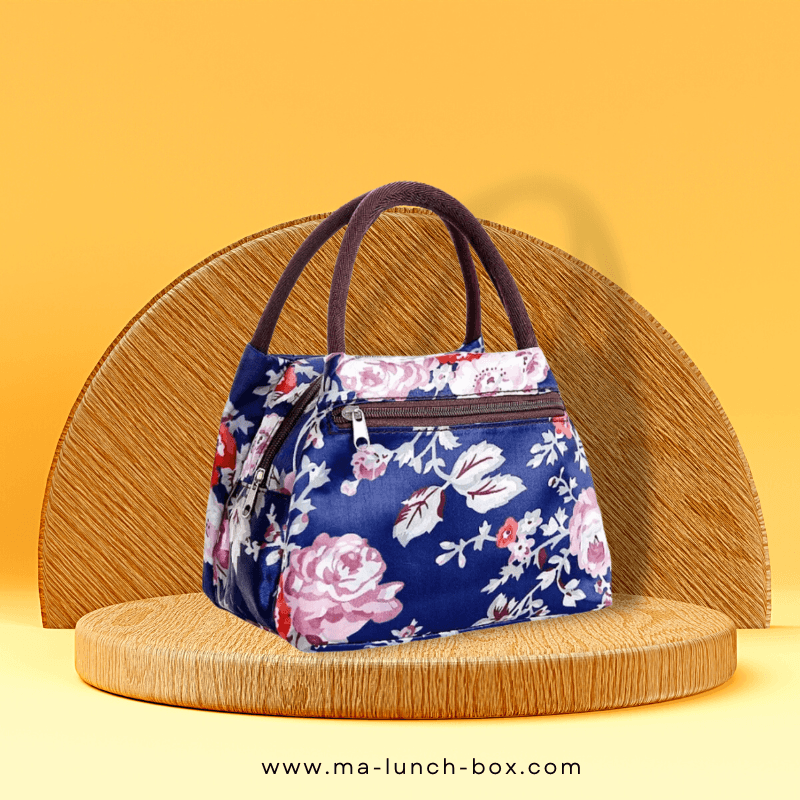 sac isotherme repas avec des fleurs en motifs et bleu